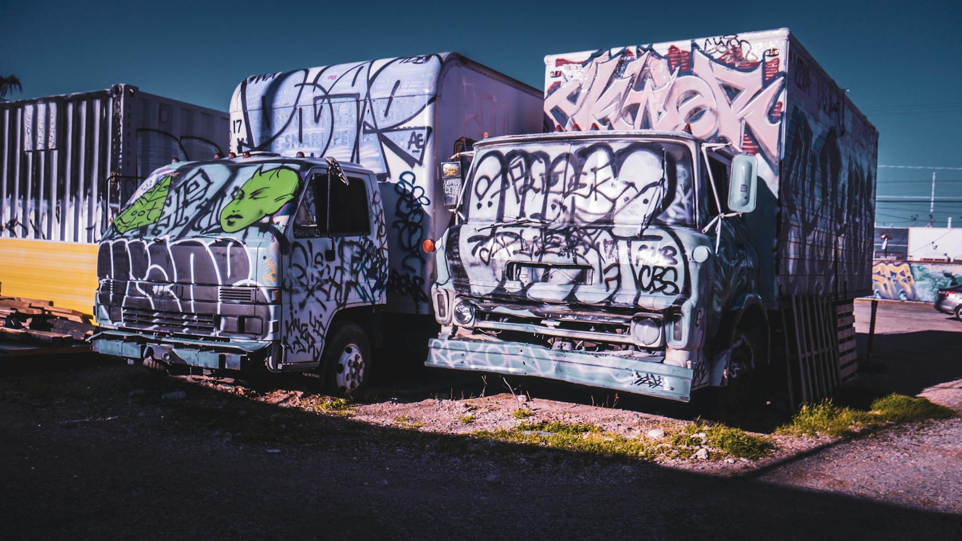 Abandoned trucks covered in vibrant graffiti, showcasing urban decay and street art.