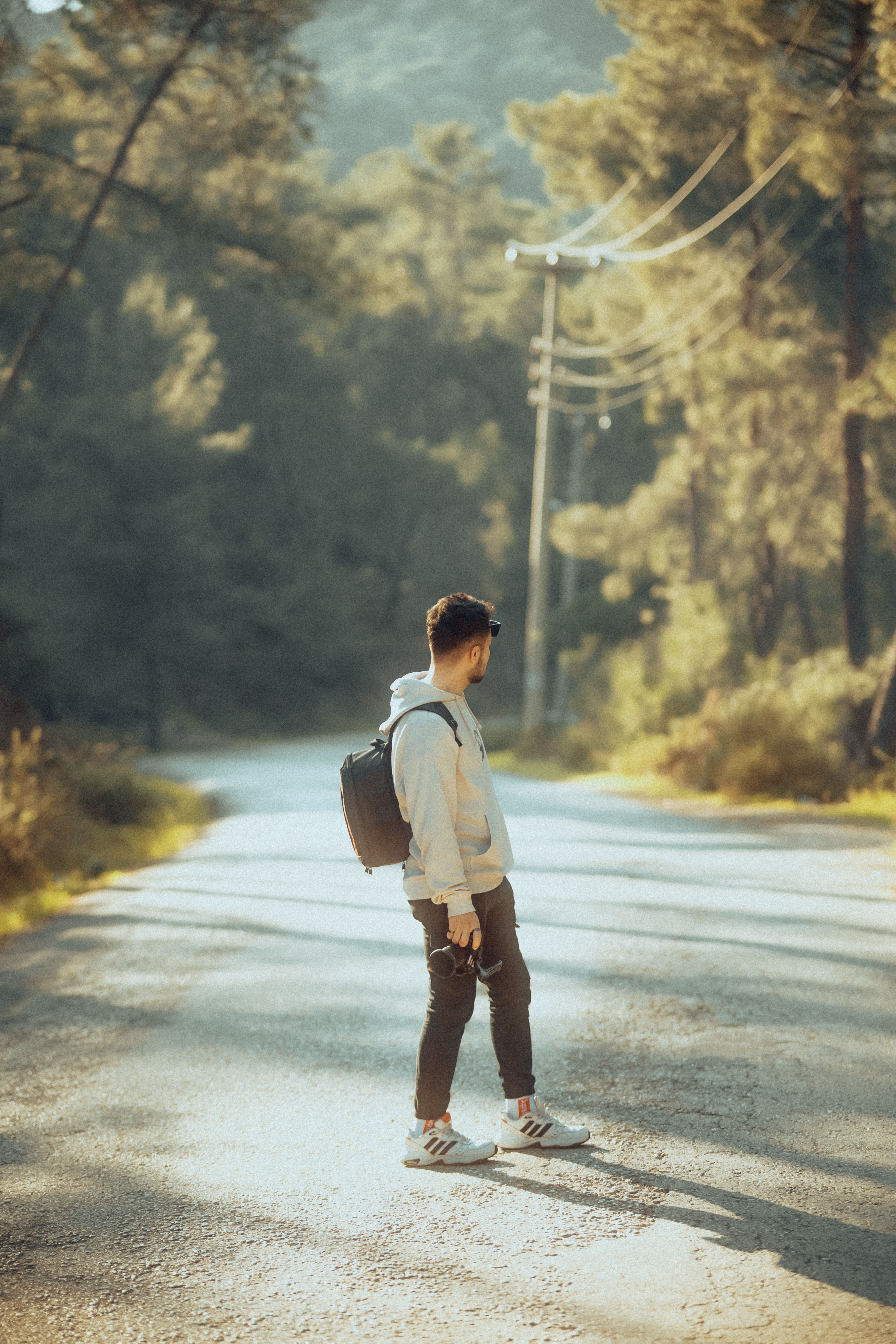 Man with Backpack on a Road Among Trees · Free Stock Photo