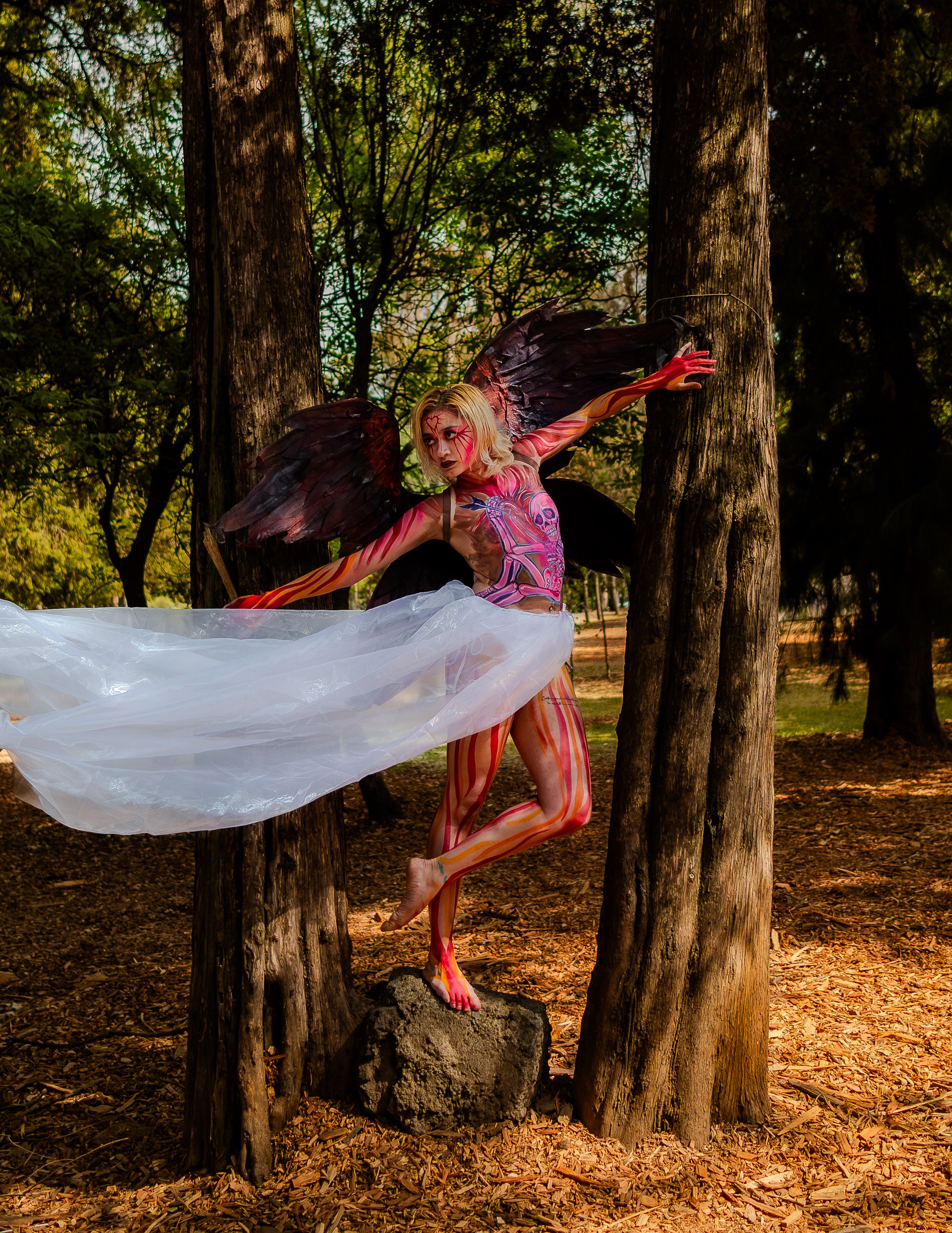 Artistic portrait of a woman in angel costume with wings, set in a forest, Ciudad de México.