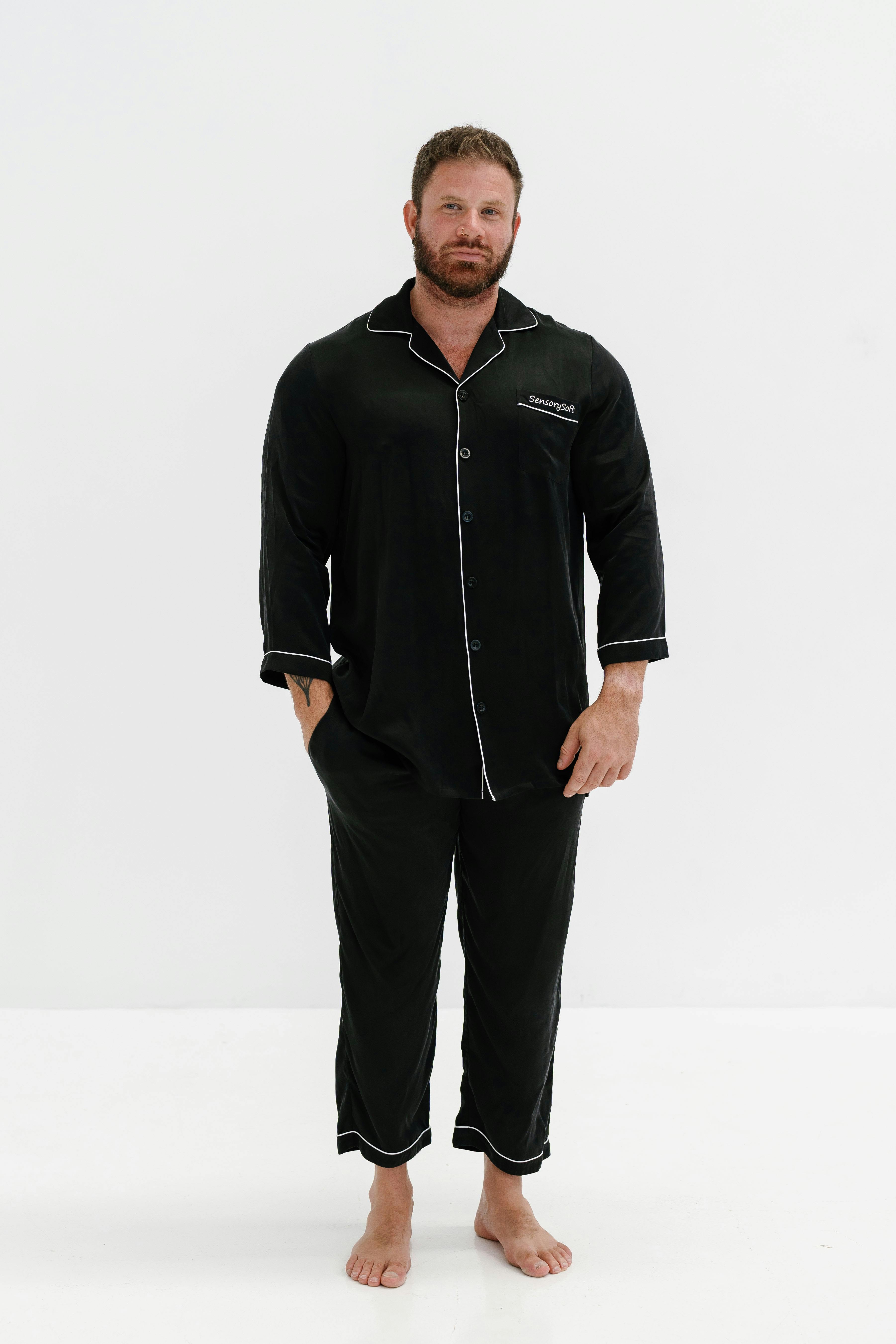 Stylish and comfortable men's black pajamas perfect for nightwear and relaxation.