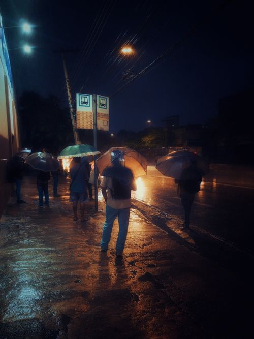 Free People with umbrellas waiting at a bus stop in rainy Belo Horizonte night. Stock Photo