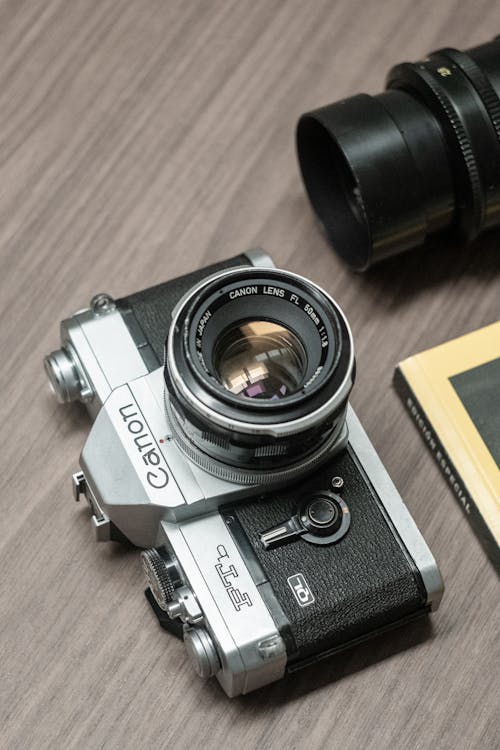 A camera and a book on a table