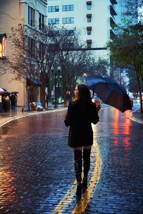 A woman walking down a street with an umbrella