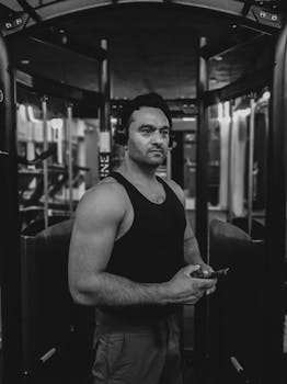 Black and white portrait of a muscular man standing in sportswear at the gym.