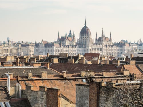 The budapest skyline with the hungarian parliament building in the background