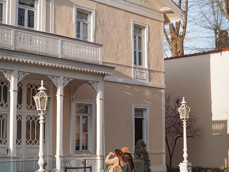Victorian-style house with intricate details and two people walking in winter light - historic homes