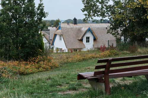 Free A picturesque thatched cottage sits in a serene rural landscape with verdant foliage. Stock Photo