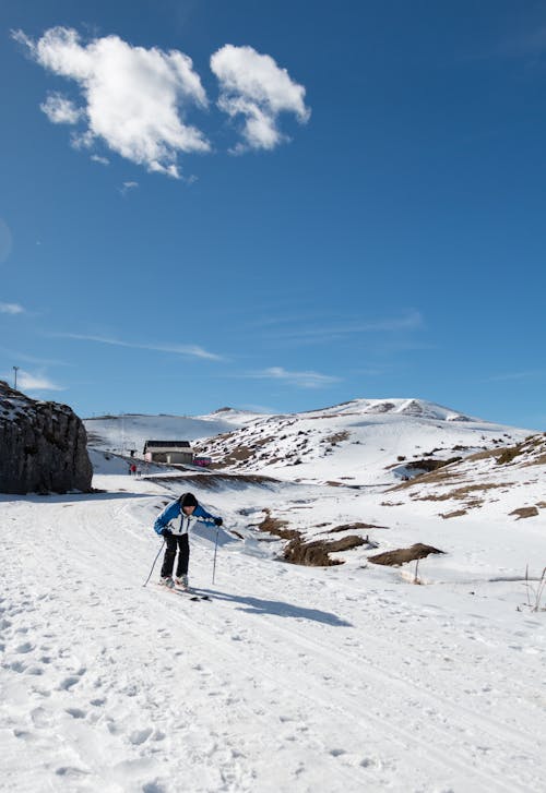 A person on skis is going down a snowy hill