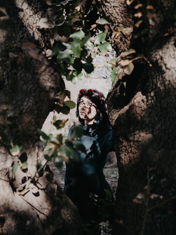 A woman is looking through a tree
