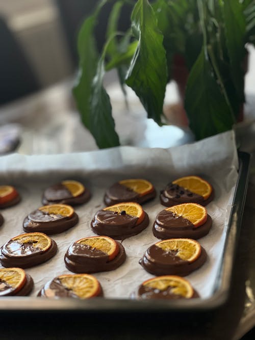 Chocolate orange cookies on a baking sheet