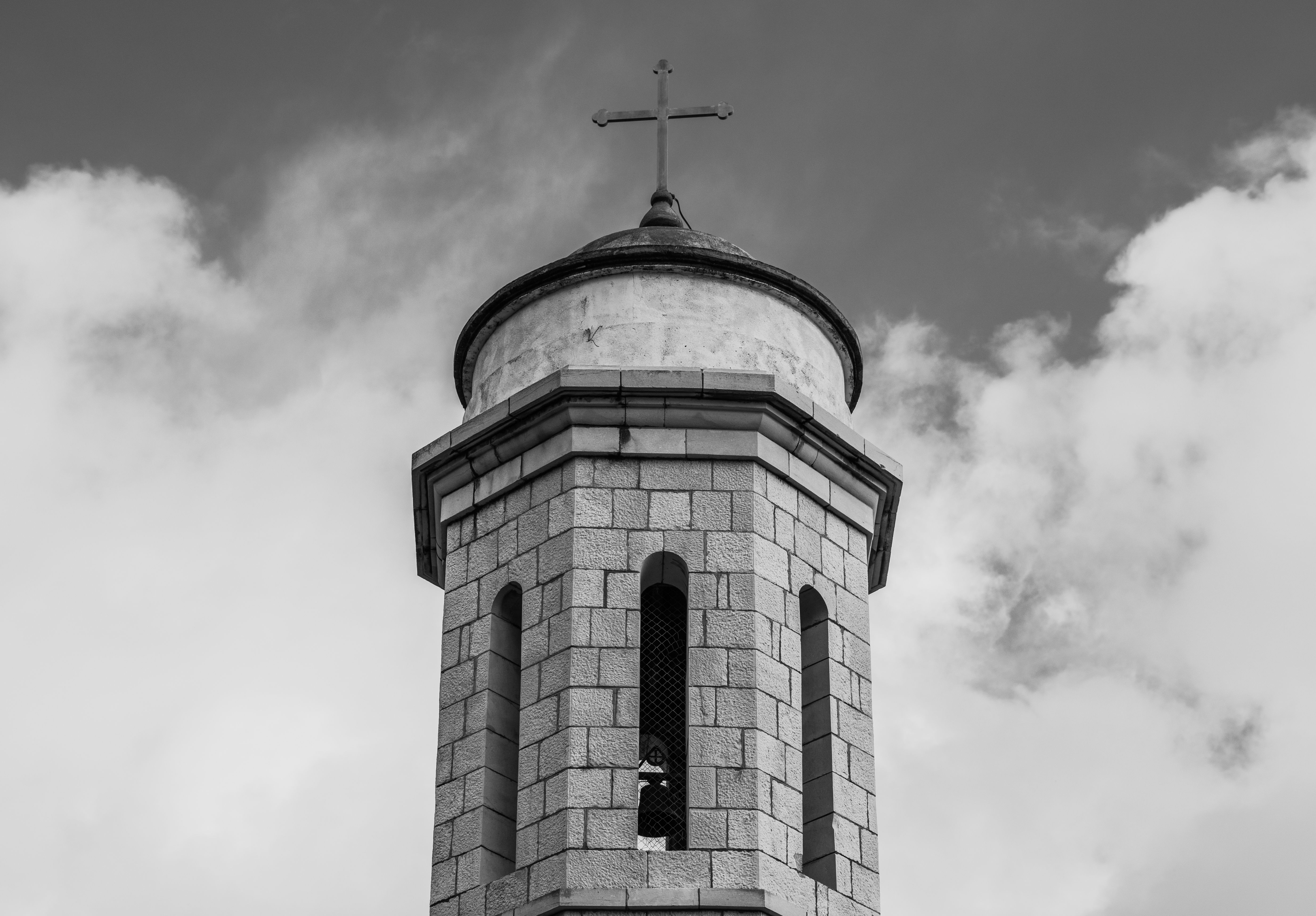 A black and white photo of a church tower · Free Stock Photo