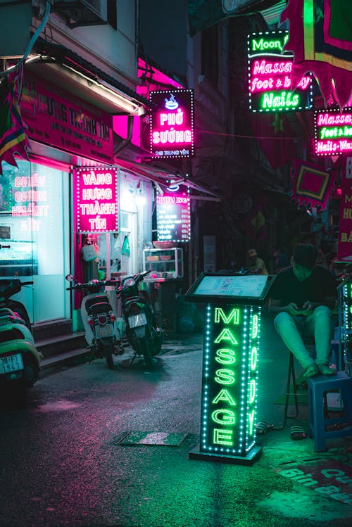 Narrow Street in City in Vietnam at Night