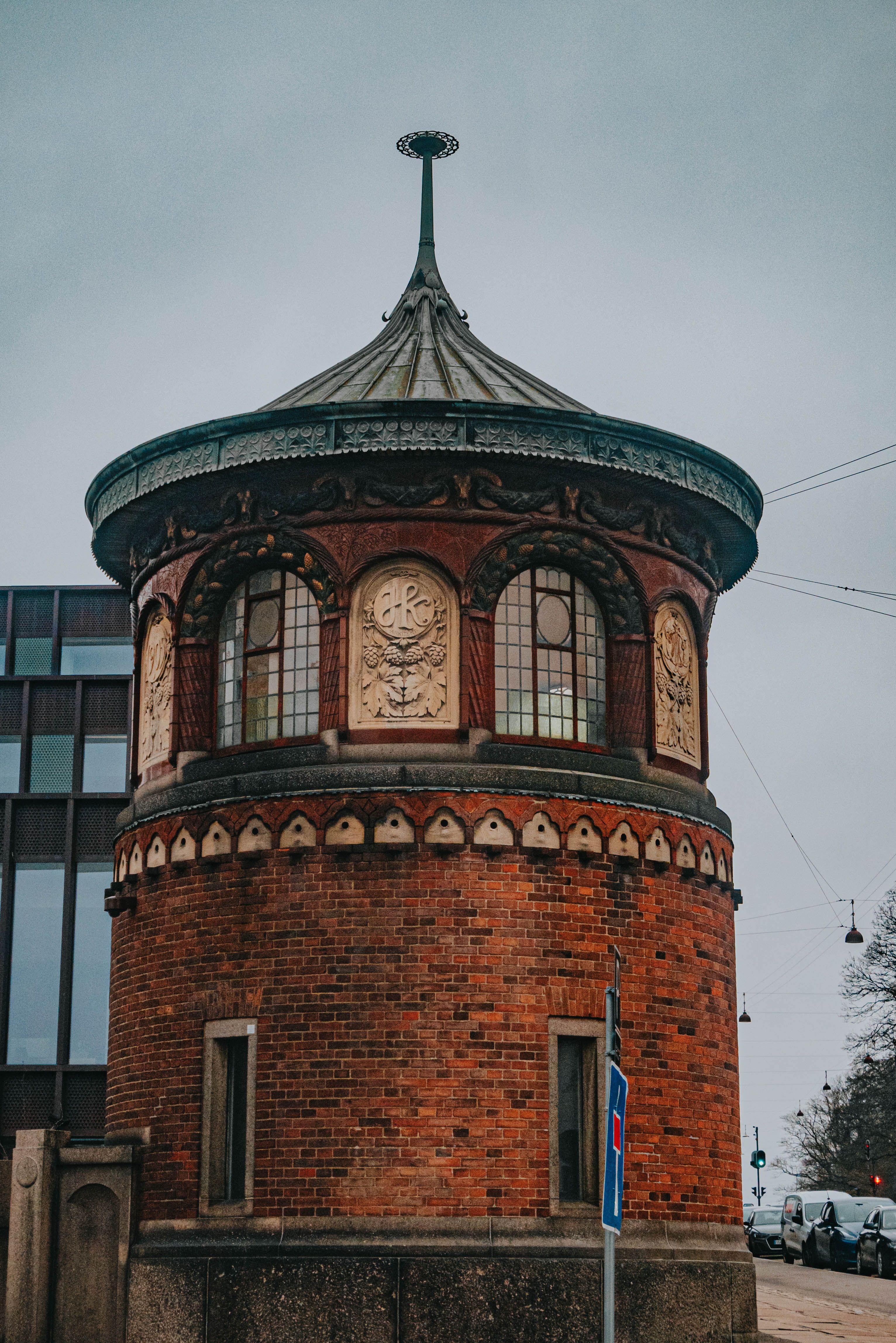 Brick round tower of Carlsberg Pavilion, a historic landmark in Copenhagen, Denmark.