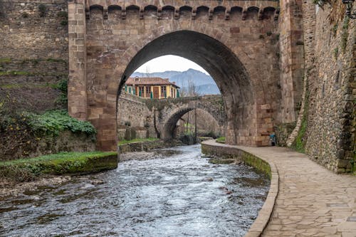A bridge over a river with a stone arch