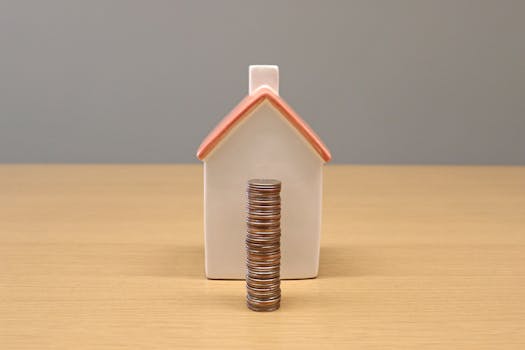 A conceptual still life image of stacked coins in front of a porcelain house, symbolizing savings and investment.