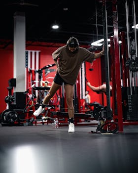 A woman performs stretching exercises in a modern gym with red fitness equipment, improving flexibility.