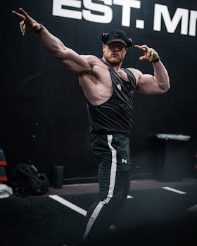 Muscular man in sportswear posing in gym showing strength and confidence with headphones.