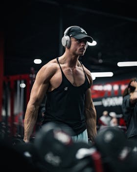 Strong male athlete wearing headphones, focused during a gym workout, conveying strength and determination.