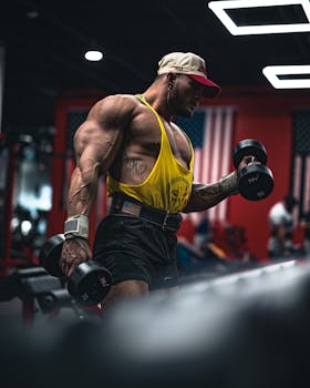 A strong man lifting dumbbells in a gym, displaying determination and strength, wearing a yellow tank top.