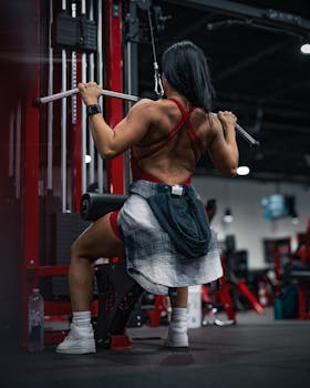 A muscular woman exercising on a pull-down machine in a gym environment.