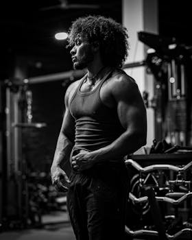 Artistic black and white portrait of a muscular man in a gym setting showcasing strength and focus.