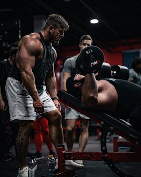 Muscular men engaging in intense weightlifting at an indoor gym with modern equipment.