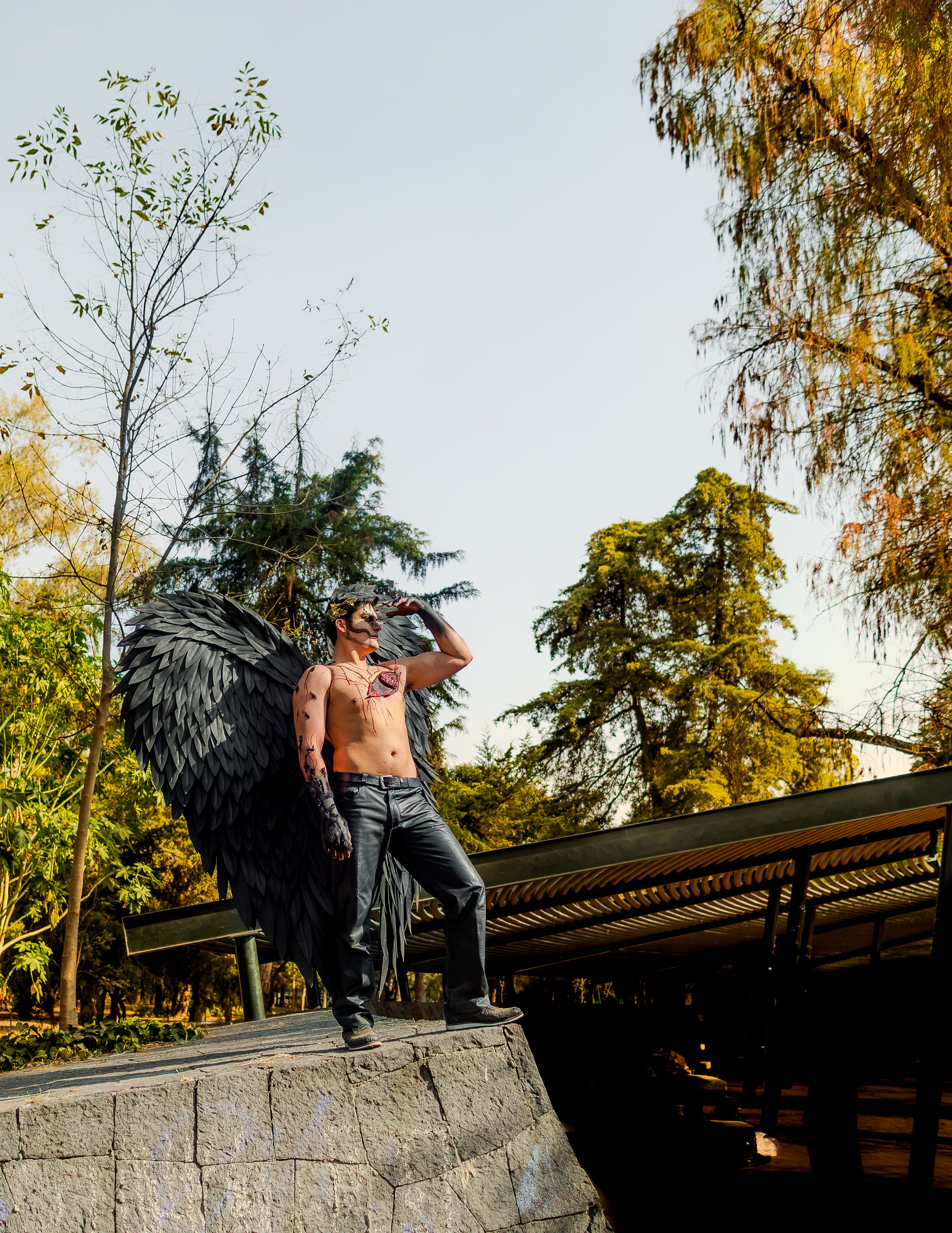 Artistic portrayal of a man with angel wings in a Ciudad de México park setting.