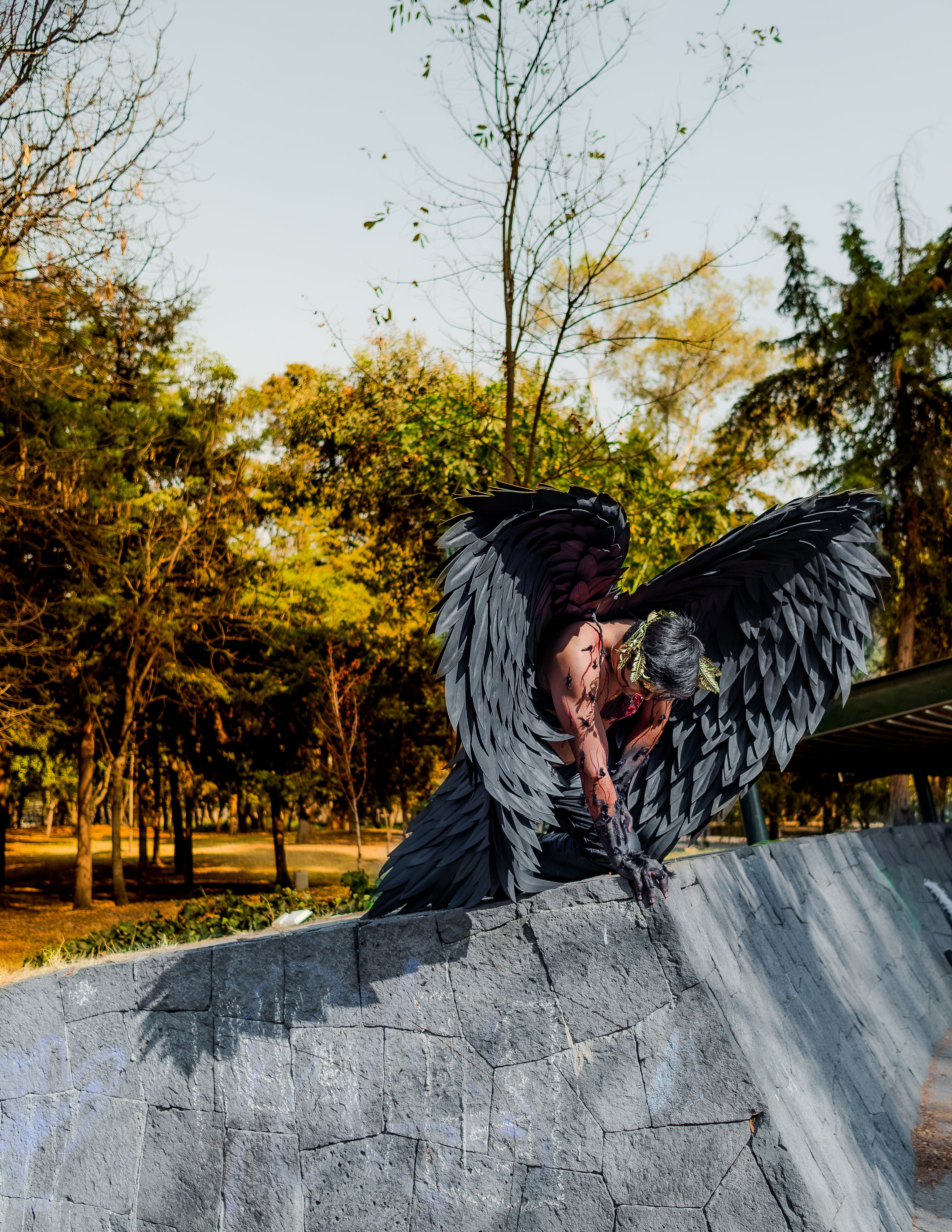 A striking conceptual photograph of a winged figure in a park setting.