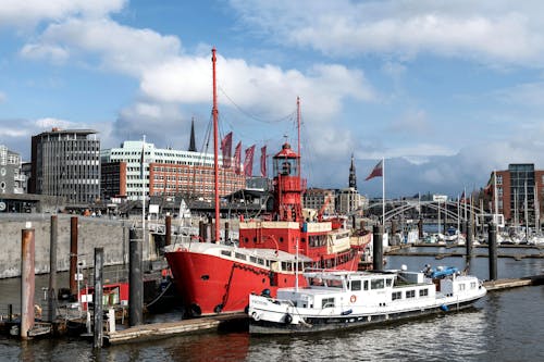 View of Boats in the Harbor in Hamburg, Germany 