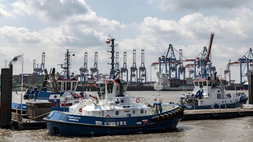 View of Boats in the Port of Hamburg on the River Elbe in Hamburg, Germany