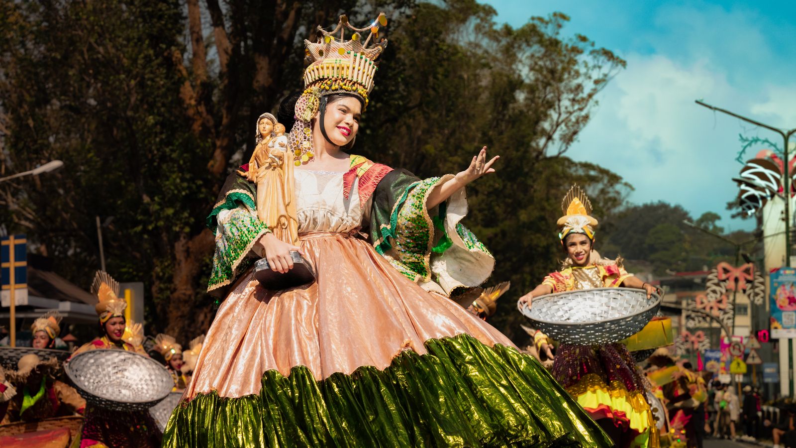 Woman dancing in traditional costume on parade, Seychelles