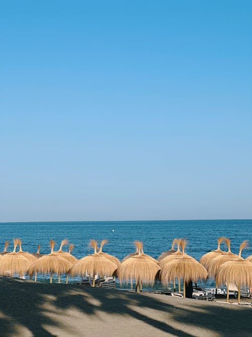 View of a Beach with Thatched Umbrellas under Clear, Blue Sky 