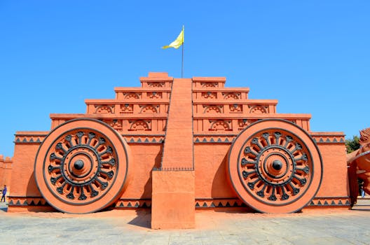Explore the majestic chariot wheel sculpture at Ramoji Film City, India. A cinematic marvel and travel destination.