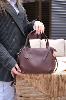 Close-up of a woman holding an elegant brown leather handbag against a woven chair indoors.