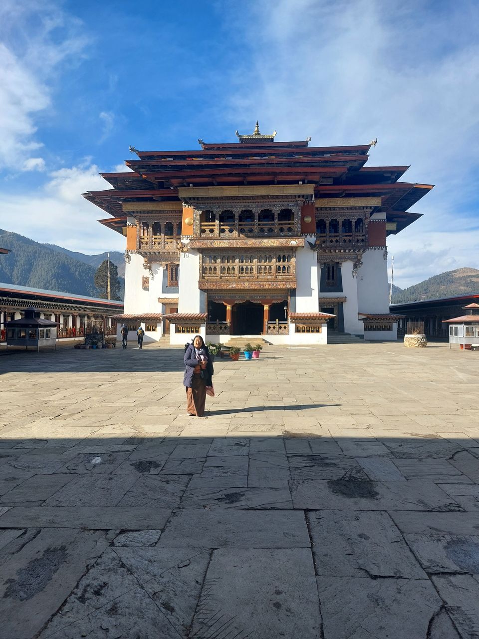 Gangtey Goenpa's temple above its wide flagstone courtyard on the ridge over the Phobjikha valley