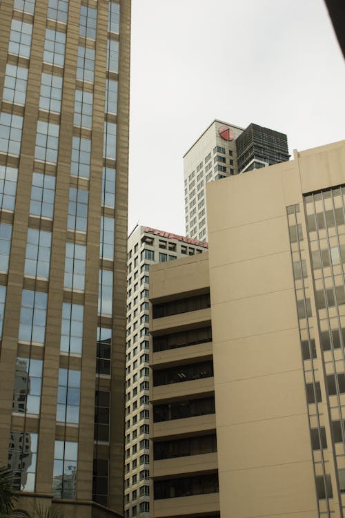 A view of tall buildings from a street corner
