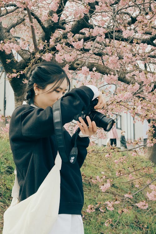 Brunette with Camera by Cherry Tree with Blossoms