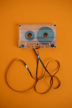 Vintage cassette tape with unraveled ribbon on a bright orange background, top view.
