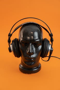 Studio shot of a black mannequin head wearing headphones against a bright orange background.