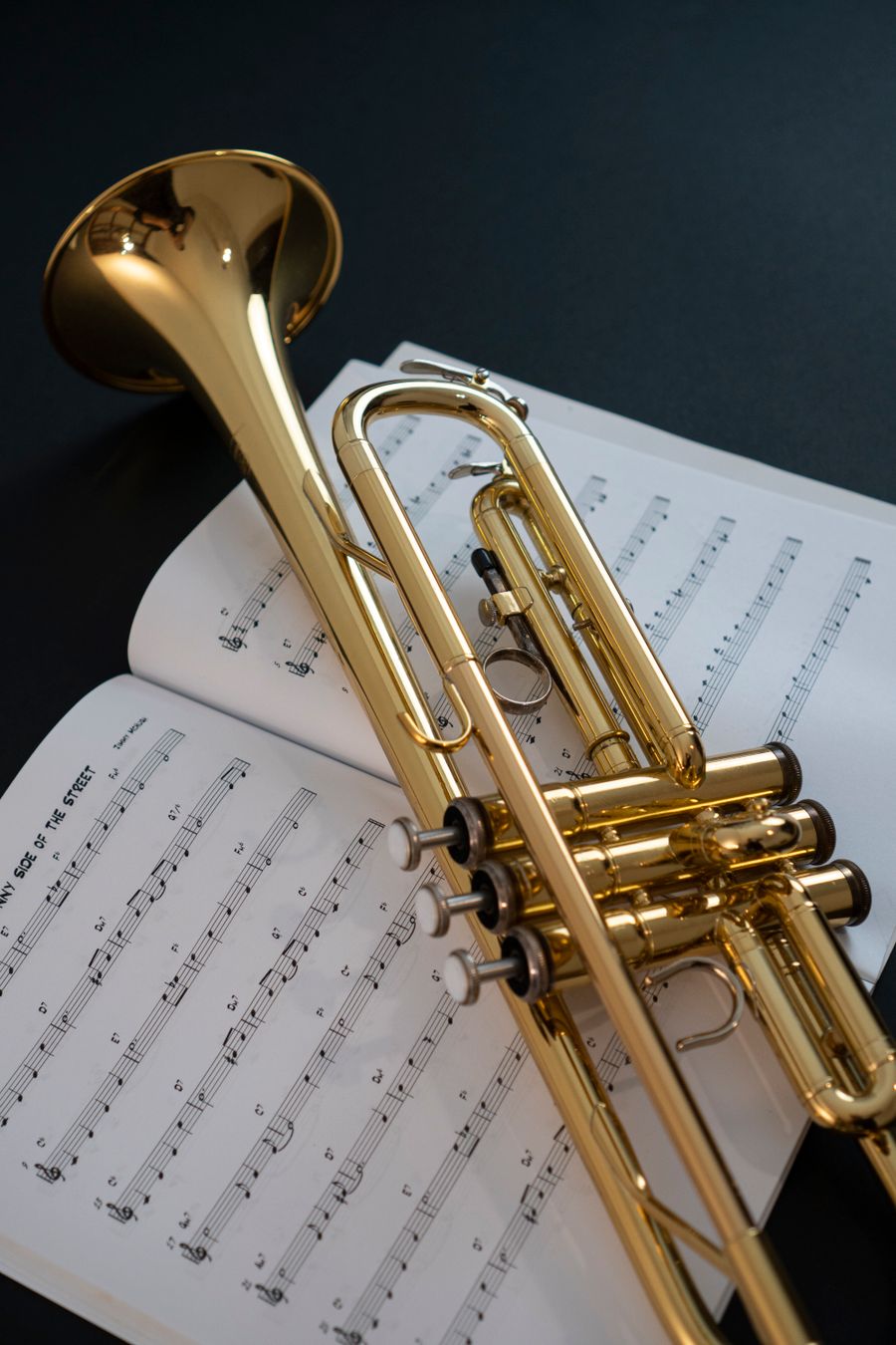A trumpet resting on sheet music