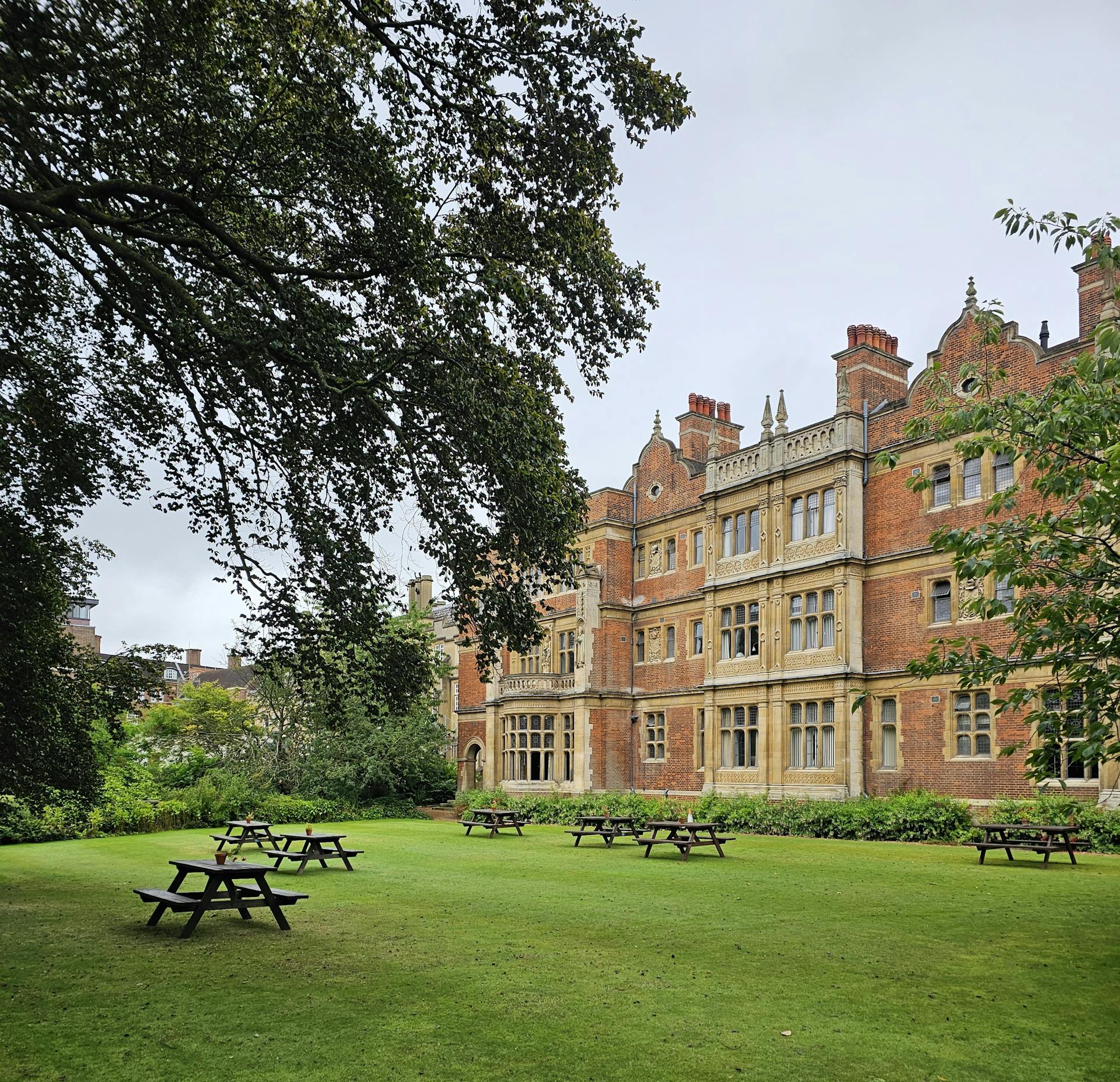 Tables and Benches on Lawn of Sidney Sussex College in Cambridge