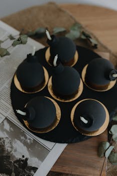 Unique black bomb-shaped cakes on a tray creating a striking visual in food photography.