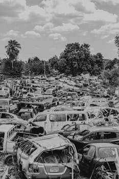在多云的天空下，一幅单色图像展现了一个拥挤的垃圾场，里面堆满了废弃汽车