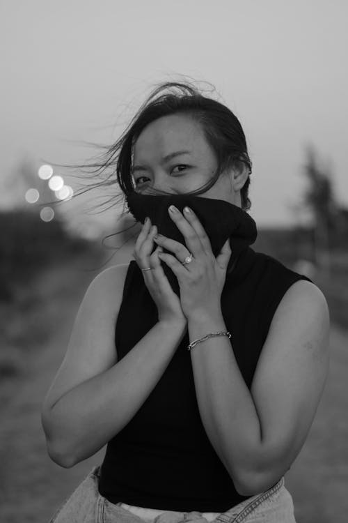 Portrait of Woman with Scarf in Black and White 