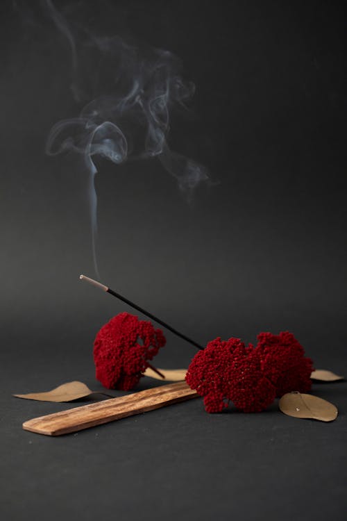 A small incense stick with a red flower on top