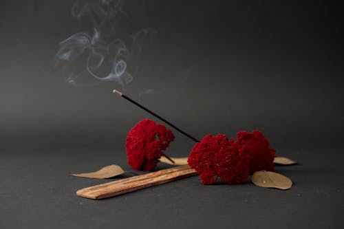 A red flower and incense stick on a wooden board
