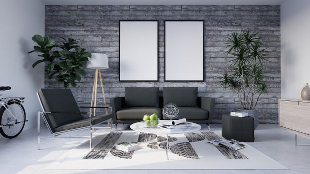 Elegant minimalist living room with lush plants and modern furniture, perfect for inspiration.