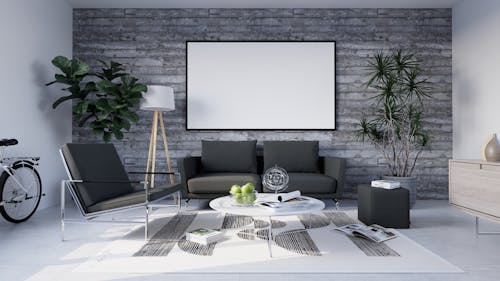 A modern living room with a white couch, coffee table and a black bike