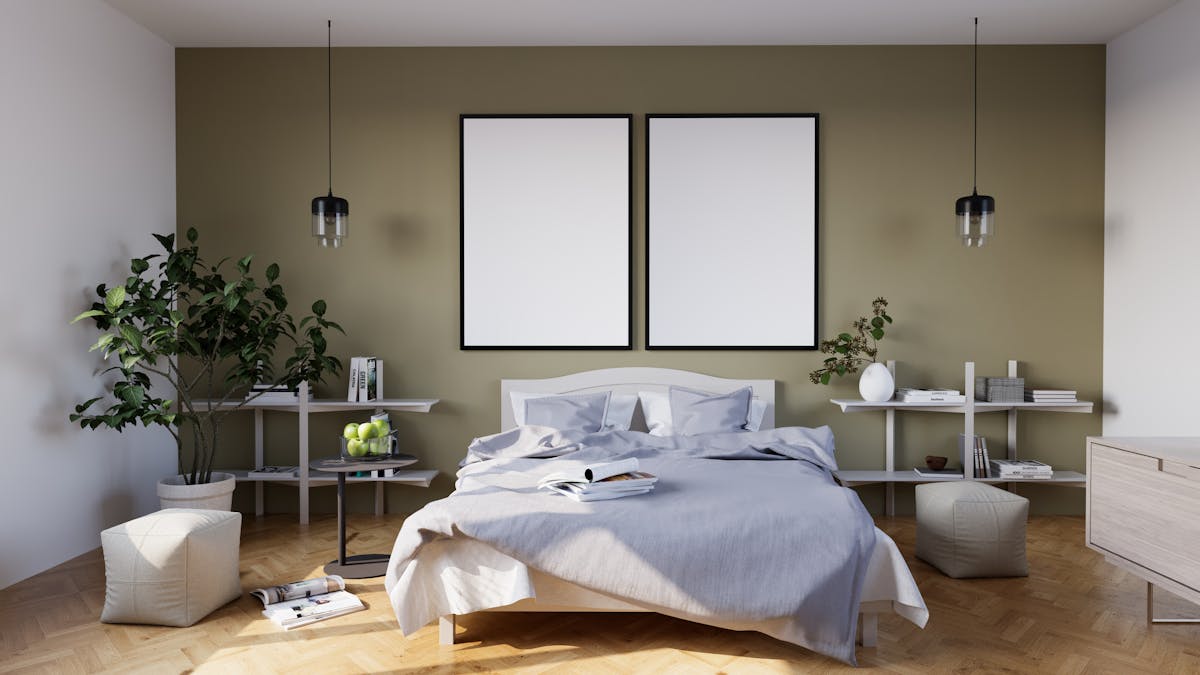 Oak bed frame with linen bedding