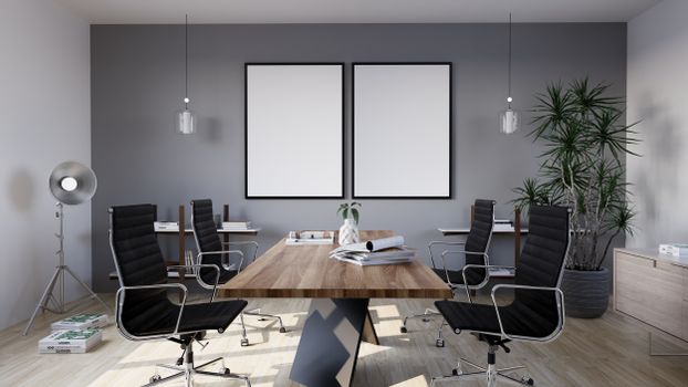 Sleek modern conference room showcasing minimalist design with office chairs, large table, and potted plants.